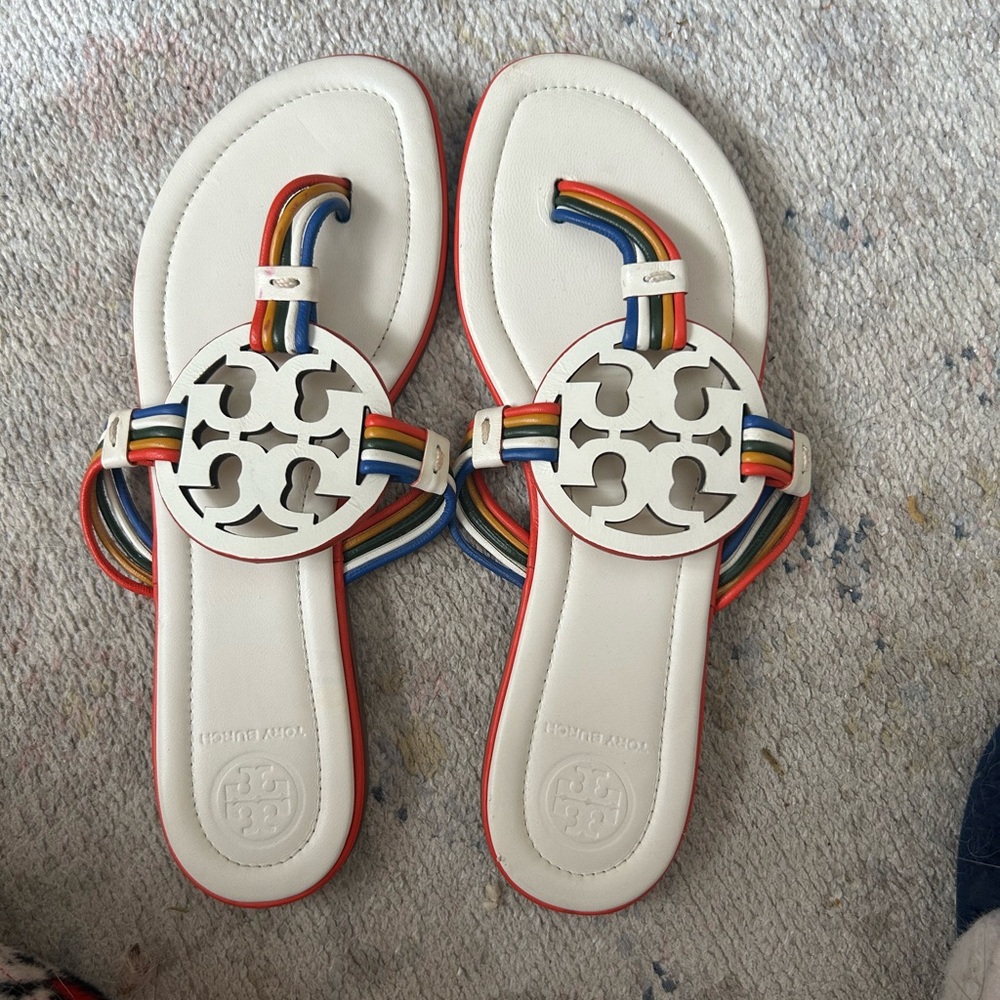 Tory Burch White Sandals with Rainbow Straps
